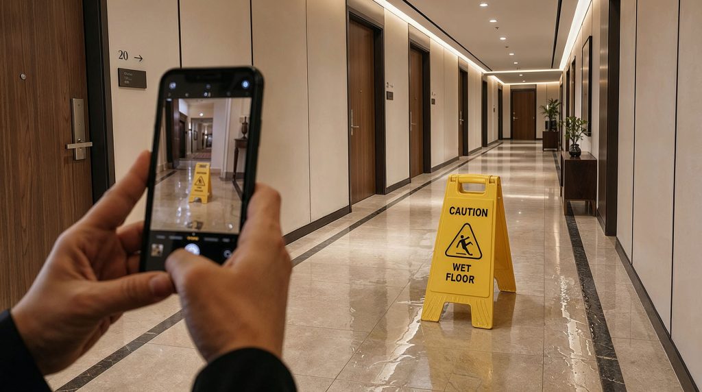 Hotel employee documenting a wet floor hazard with a smartphone in a hotel corridor in Nevada